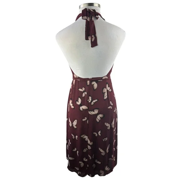 Reformation Johnson Dress Wrap Halter Tie Butterfly Print Burgundy Women's Large - Picture 10 of 15